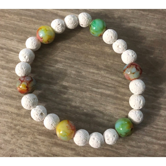 Handmade white Lava beads stretch bracelet with marble beads - Picture 3 of 3